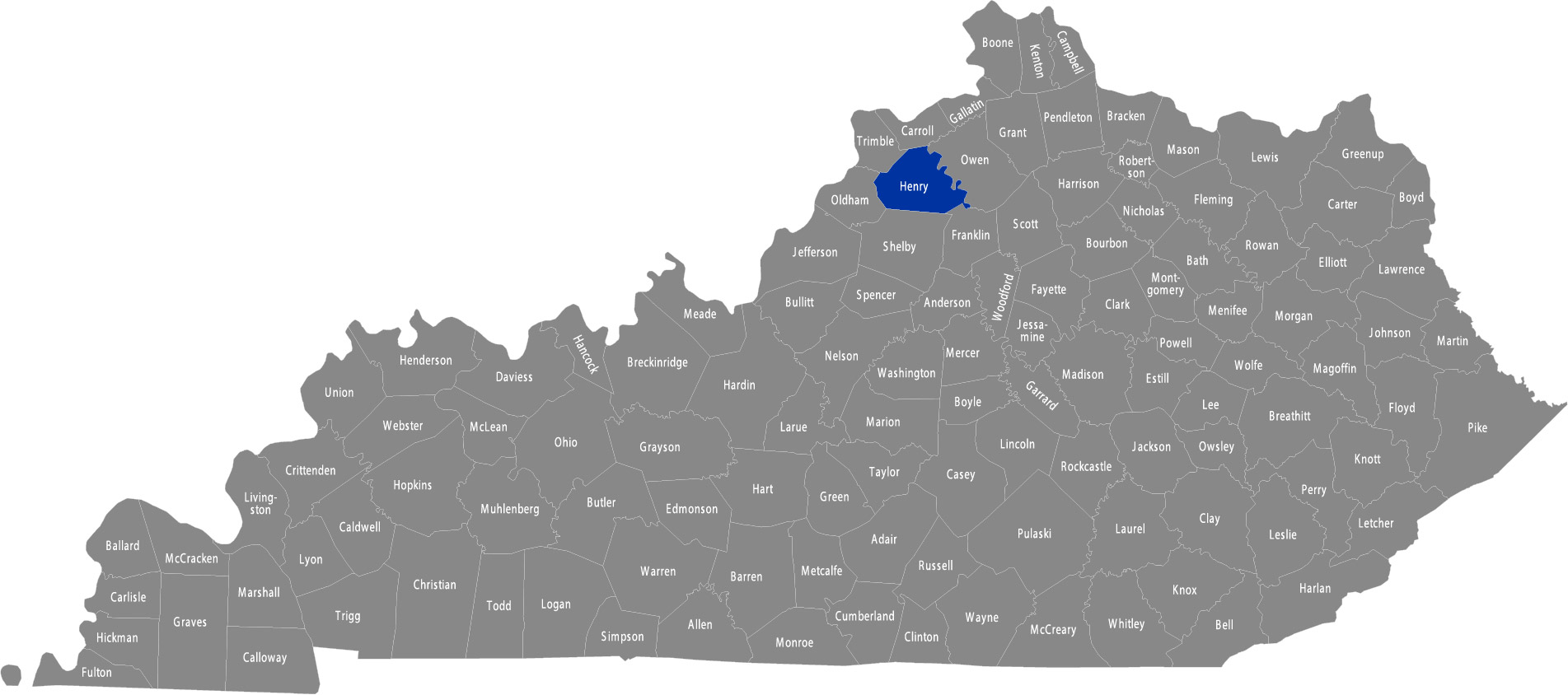 Kentucky map with Henry county highlighted in blue